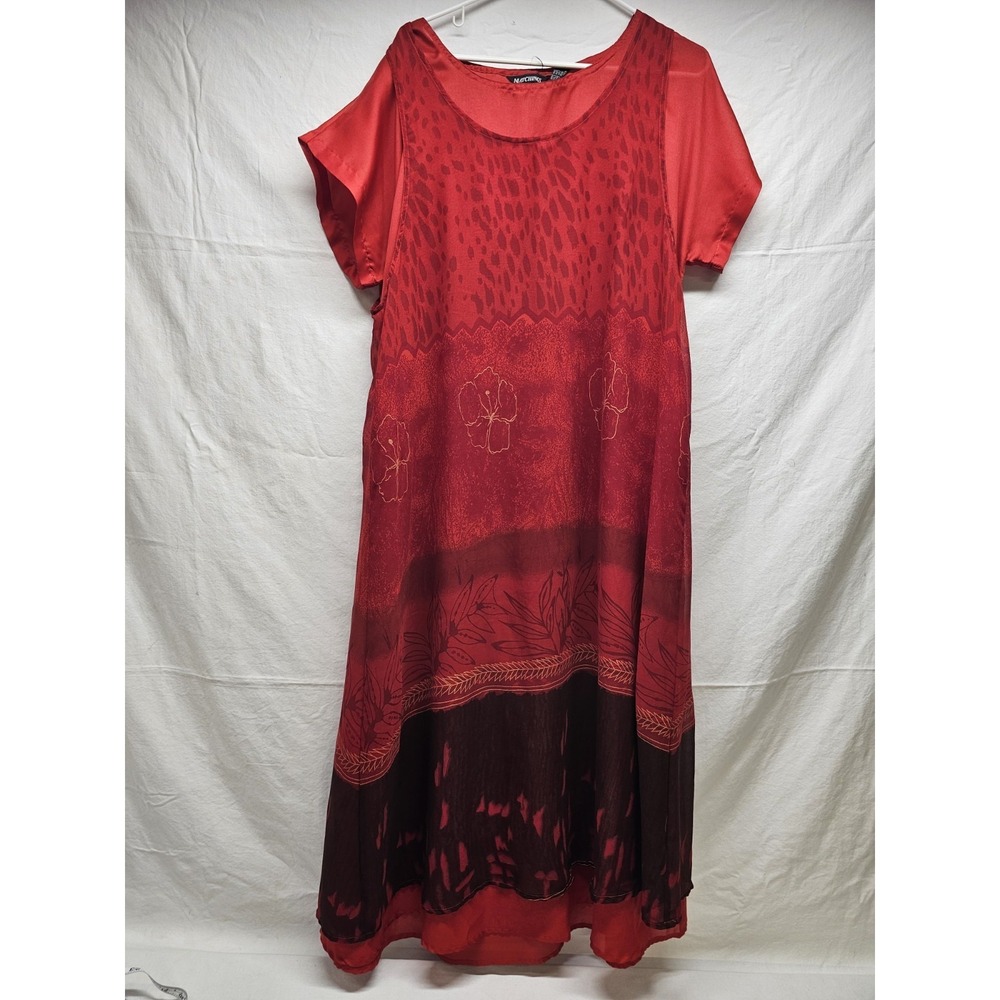 Vintage Matchings Women's 1X Red Floral Maxi Dress Short Sleeve Boho Flowy